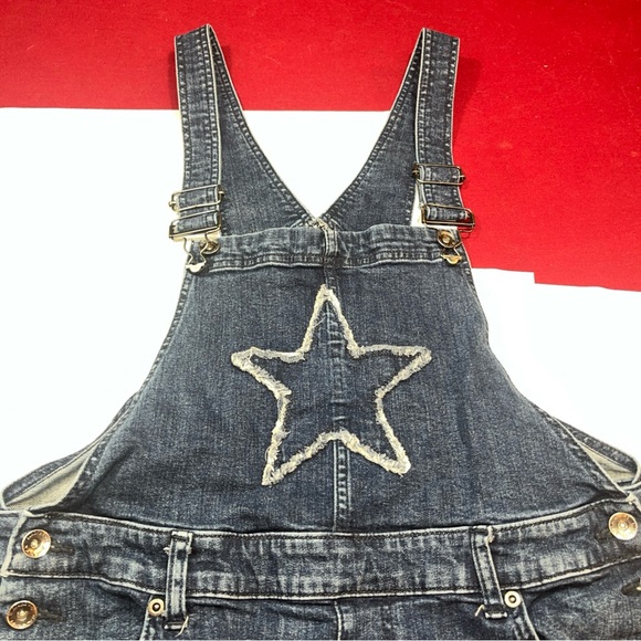 Blackheart Dark Blue Denim Bib Overall Shorts Rips Star Accent Size 13 Stretchy - Picture 13 of 16